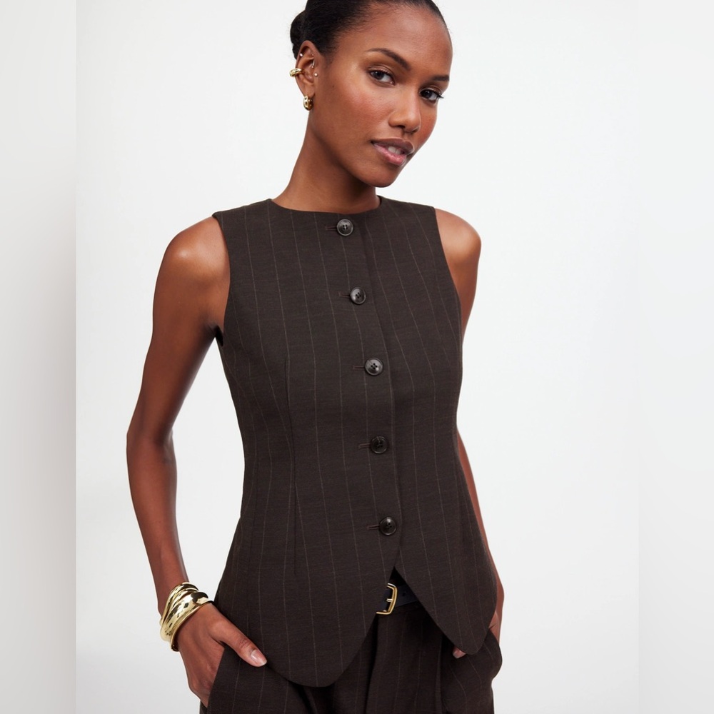 NEW Madewell Single Breasted Scoop neck Vest Brown Pinstripe NWT